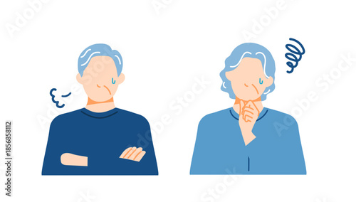 シニア世代の夫婦二人が困っている表情のイラスト。フラットデザイン。