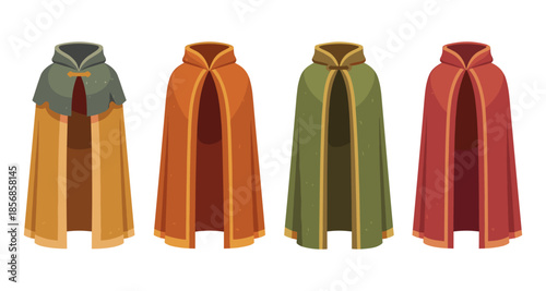 Collection of four fantasy cloaks with hoods in different colors and styles