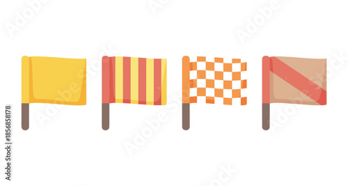 Collection of four different racing flags on poles, isolated on white background