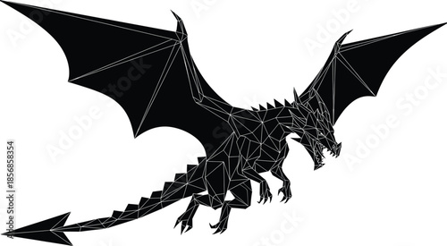 Black geometric dragon with white lines on white background dragon, geometric, black, white, lines, polygon, fantasy, creature, mythical, wings, sharp teeth, claws, tail, spiky, low poly, monster, bac