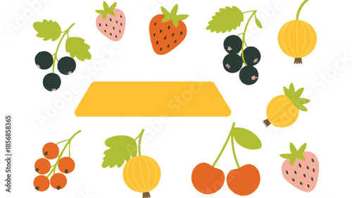 A flat, minimalist illustration of various berries and fruits arranged on a white background.