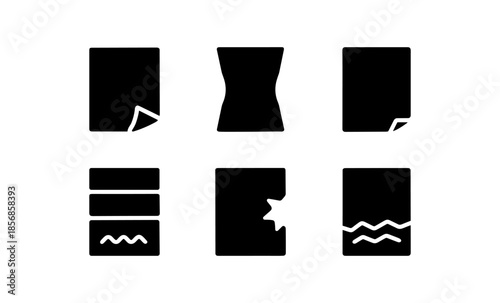 Collection of six black document icons with various damages and modifications