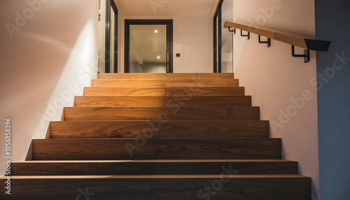 Warmly lit wooden staircase ascends into a modern hallway with doors and a railing providing a sense of modern living and interior design