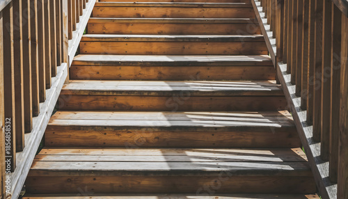 Weathered Wooden Staircase with Sunlight and Shadows on Outdoor Steps and Rustic Railings