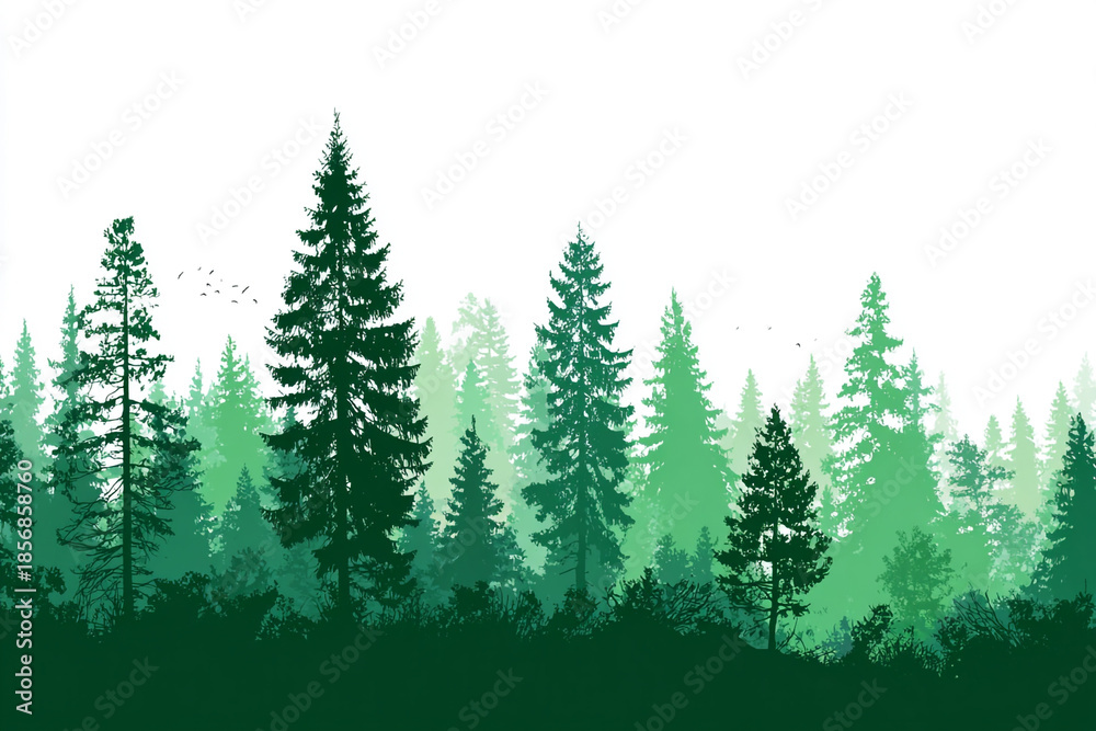 Fototapeta premium Deep green pine forest silhouette with flock of birds flying in sky
