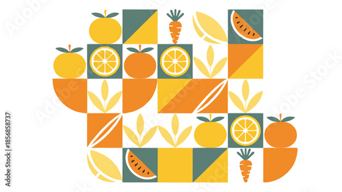 A geometric pattern design featuring fruits and vegetables in a retro-modern style.