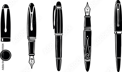 Black fountain pen vector set showing classic writing instruments in elegant design isolated on white background