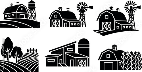 Rural farm buildings and agricultural landscapes vector collection with barns silos windmills and fields in black and white style