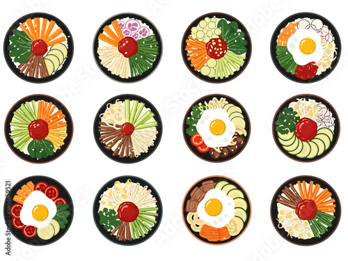 Assortment of Korean Rice Bowl Meals Overhead View