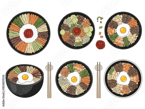 Artistic Renditions of Korean Mixed Rice Bowl with Toppings and Fried Egg
