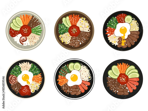 Six Diverse Overhead Views of Korean Mixed Rice Dish Presentation