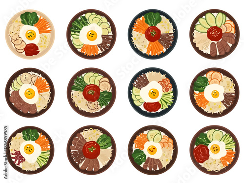 Assortment of Korean Bibimbap Bowls with Fried Egg and Fresh Vegetables Top View Collection