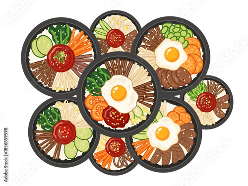 Assortment of Korean Bibimbap Dishes Arranged Artfully