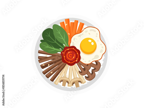 Korean Rice Bowl with Vegetables and Fried Egg Top View Artistic Representation
