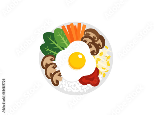 Flat lay top view of colorful Korean rice bowl with fried egg and fresh vegetables on white background