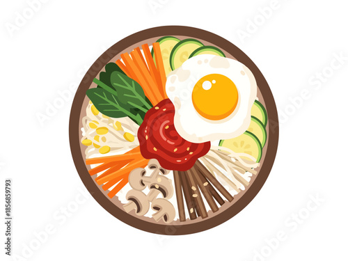 Korean Cuisine Bowl with Egg and Vegetables Top View Healthy Food Concept
