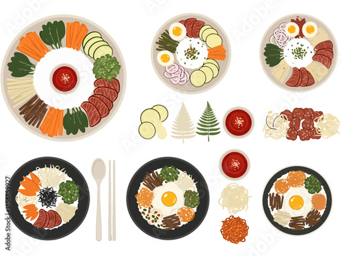 Vibrant Korean Bibimbap Meal Assortment Top View Culinary Collection Isolated Elements