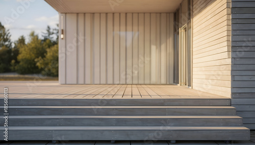 Modern Wooden House Exterior With Deck and Stairs Bathed in Warm Golden Hour Sunlight Surrounded by Green Trees Under a Clear Sky
