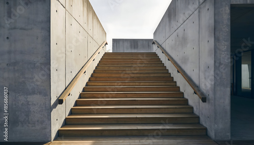 Outdoor Concrete Stairway with Wooden Treads and Metal Handrails Leading Upward Under Bright Sunlight with Shadow Patterns on Steps and Textured Gray Walls Architectural Detail in Daylight