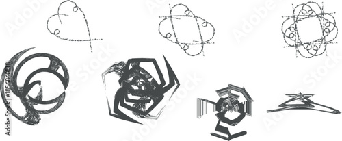 Collection of abstract sketches featuring various shapes and symmetrical designs