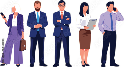 Professional business people standing together, diverse corporate team illustration representing office staff, leadership, management, teamwork, and modern workplace diversity concept