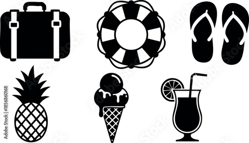 Summer vacation icons suitcase pineapple ice cream drink flip flops lifebuoy vector illustration set