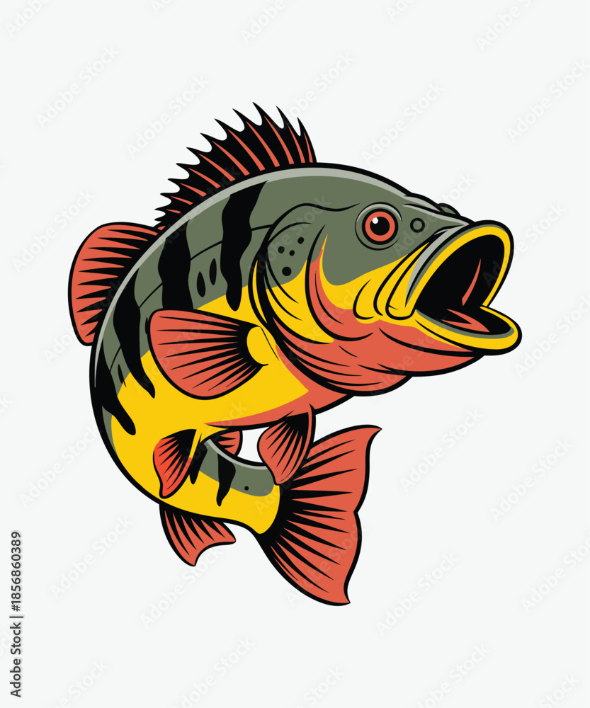 Fototapeta premium Peacock bass fish illustration vector logo design for fishing tournament sport hobby isolated on white background art