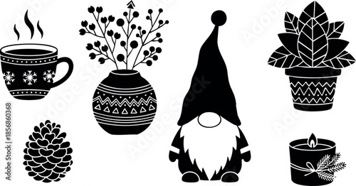 Christmas gnome hot drink pinecone winter plant candle decoration vector illustration silhouette set