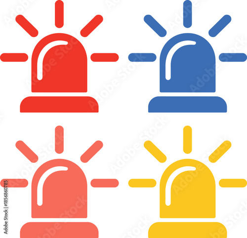 Emergency Siren Icon Set, Police and Alarm Light Symbols, Colorful Flat Vector Illustration