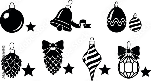Christmas tree ornaments collection with bells stars ribbons and bows vector illustration in black silhouette style