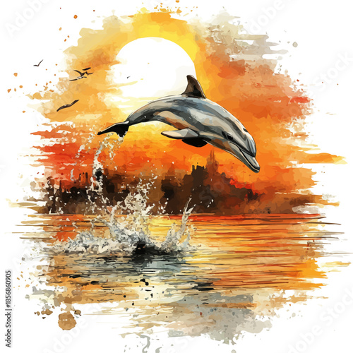 Dolphin Gliding Smoothly, cute watercolor illustration with intricate patterns and vibrant splashes, isolated on a white background.