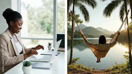 Balance and Tranquility: A juxtaposition of professional focus and serene relaxation, illustrating the harmony between work and leisure, capturing the pursuit of a balanced lifestyle.