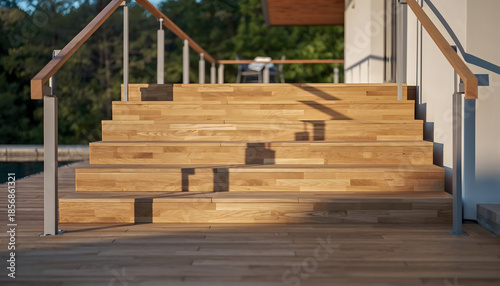 Modern Outdoor Wooden Stairs with Metal Railings Bathed in Golden Hour Sunlight Featuring Lush Green Trees in the Background