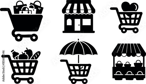Grocery shopping icons with cart and market stall vector set for retail and e-commerce designs