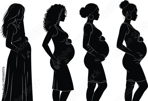 Pregnant women silhouettes in different poses, black vector illustration showing maternity stages and baby bump profiles isolated on white background