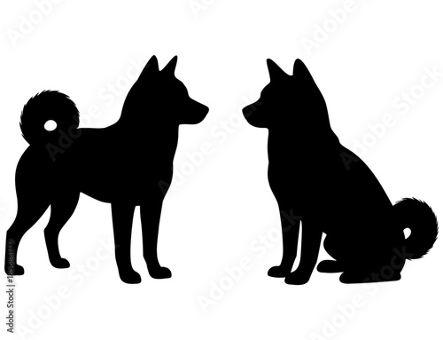 Silhouette of Two Black Shiba Inu Dogs, Japanese Spitz Breed Illustration