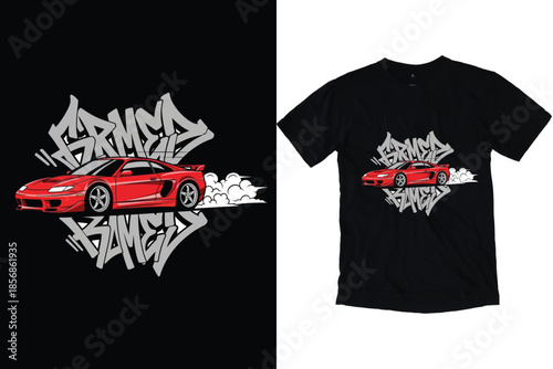 Red Sports Car Drifting Graffiti Art, Urban Street Racing Smoke Vector Design JDM Automotive Fashion T-Shirt Print