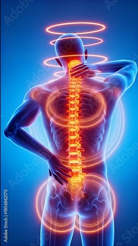 3D rendered medical scan of a blue human skeleton showing an anatomy x-ray of the spinal backbone and a painful shoulder joint injury