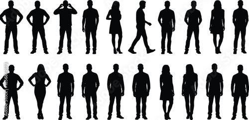 Standing people silhouette collection set, men and women front view poses in casual business outfits, black human figures isolated on white vector illustration