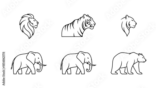 Collection of Big Cat and Pachyderm Line Art Silhouettes for Nature Projects
