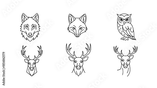 Set of Stylized Woodland Creature Heads Wolf Fox Owl Deer Line Art Icons