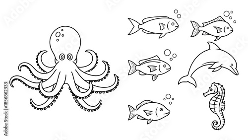 Oceanic Life Collection Octopus Fish Dolphin Seahorse Line Art for Marine Theme Projects