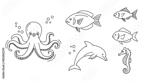 Simple Line Art Collection of Marine Life Octopus Fish Dolphin Seahorse
