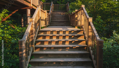 Weathered Wooden Outdoor Staircase Ascending into Lush Green Foliage Bathed in Warm Golden Sunlight Casting Long Shadows on Steps