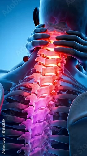 3D illustration of the human body showing the anatomy of an injured neck bone and the bone skeleton for biology and health medicine.