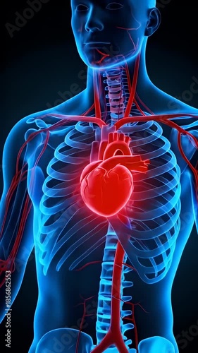 3d rendered illustration of a human body showing detailed heart anatomy and medical x-ray of the spine and bone skeleton for science biology and healthcare medicine