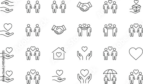 Care, support, love, compassion, community, partnership, protection, icons set, flat vector illustration, emotional connection symbols