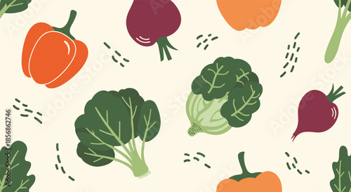 Fresh vegetable seamless pattern with green broccoli red bell peppers orange carrots and purple radishes on a beige background.