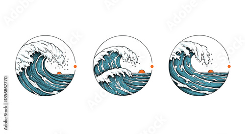 Set of three circular illustrations showing dramatic ocean waves under a setting sun in a detailed vintage drawing style.