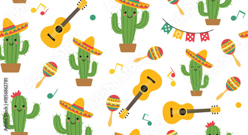 Festive mexican pattern with happy cacti in sombreros, acoustic guitars, and colorful maracas for cinco de mayo celebration.